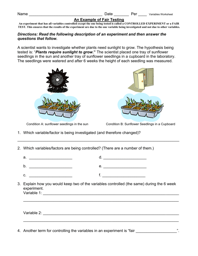 science variables worksheets