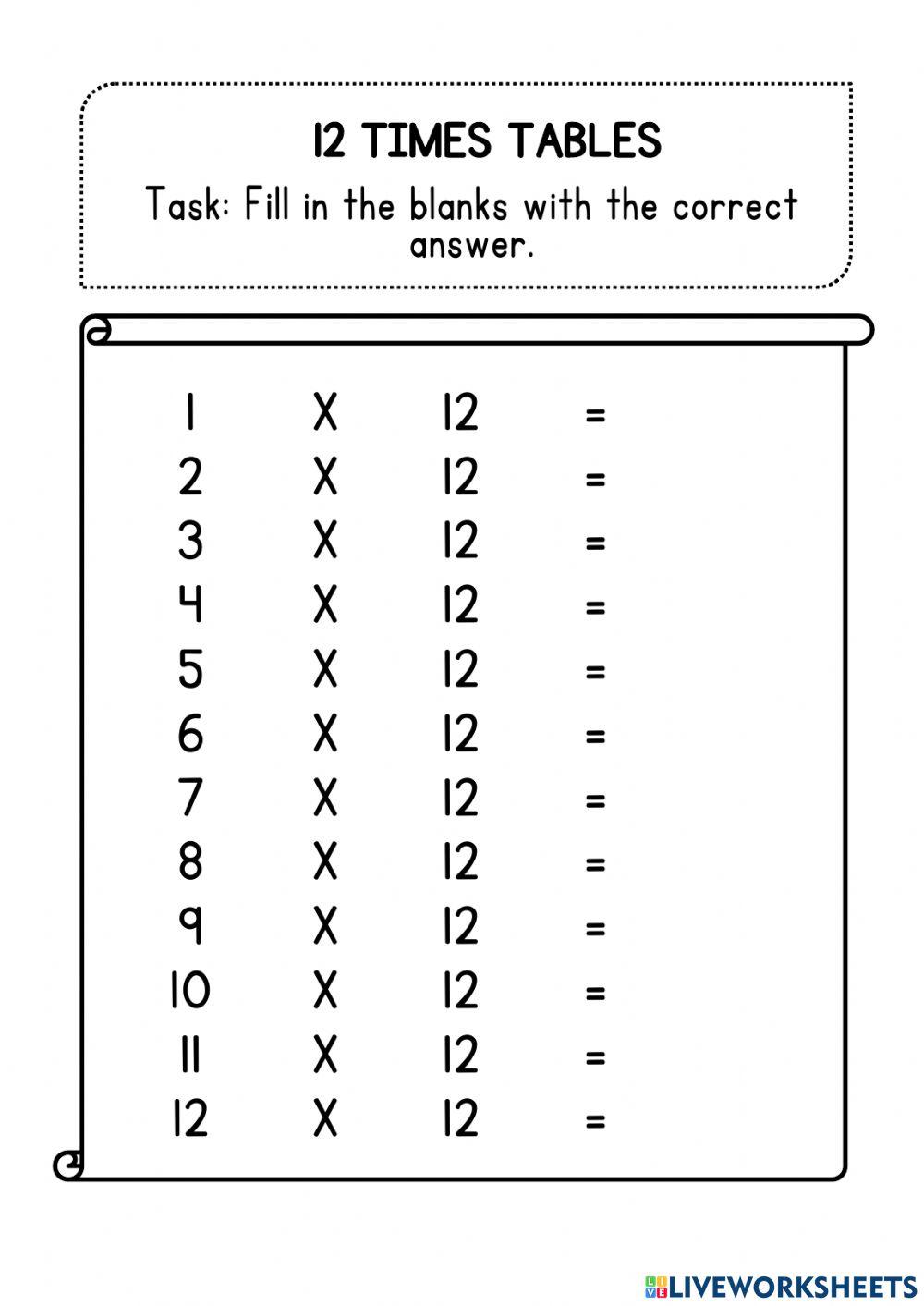 Times Table – 2-12 Worksheets – 1, 2, 3, 4, 5, 6, 7, 8, 9, 10, 11 