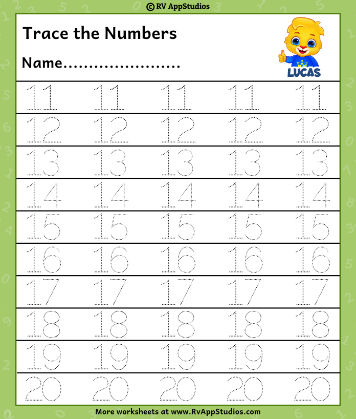 Free Number Tracing 11 to 20 For Pre-k and Kindergarten 