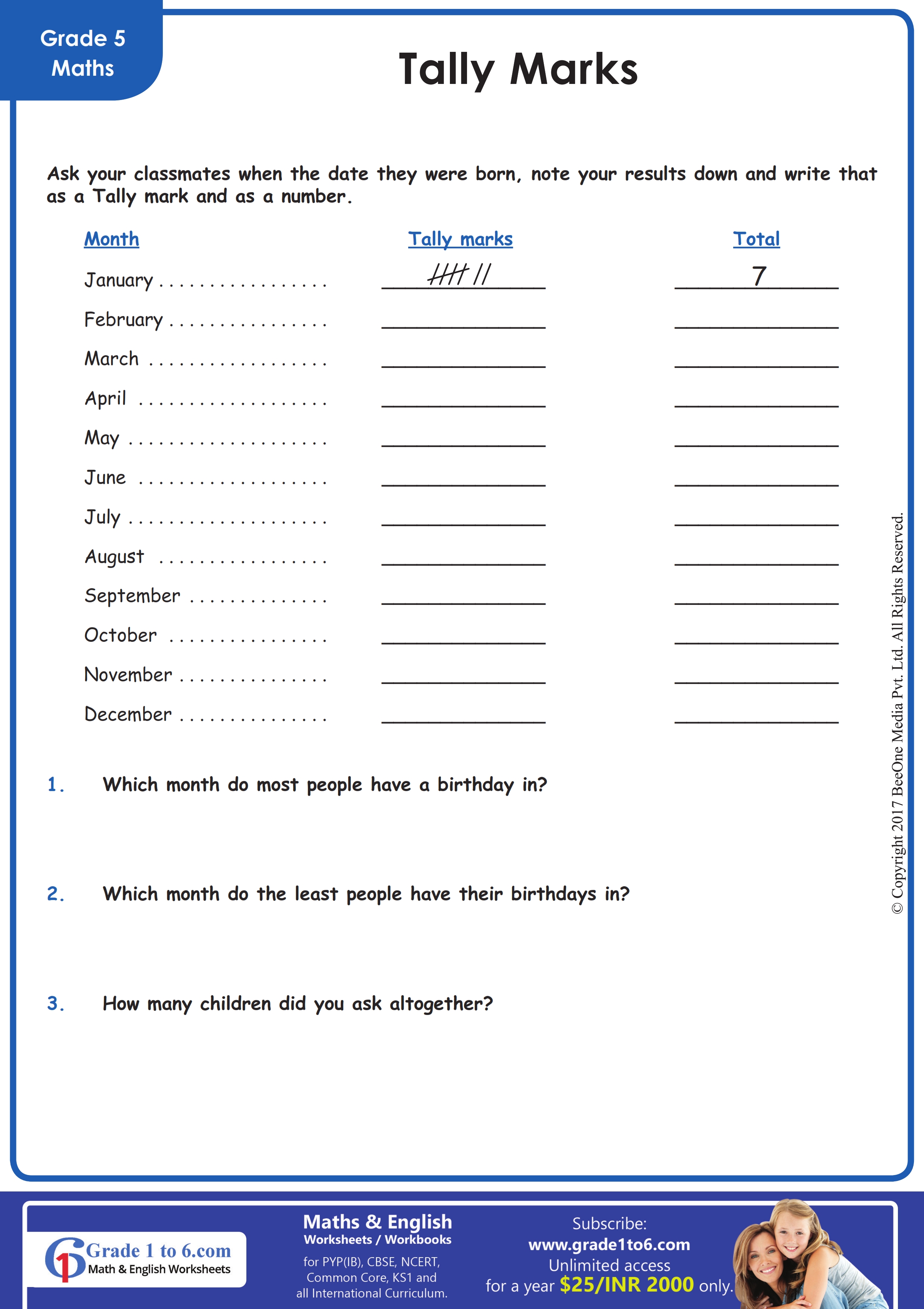 Free printable worksheets on Counting and Tallying.