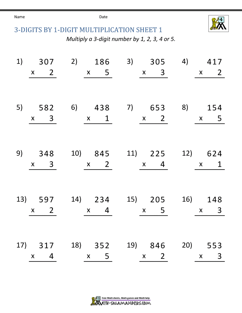 3 Digit Multiplication Worksheets with Answer Key