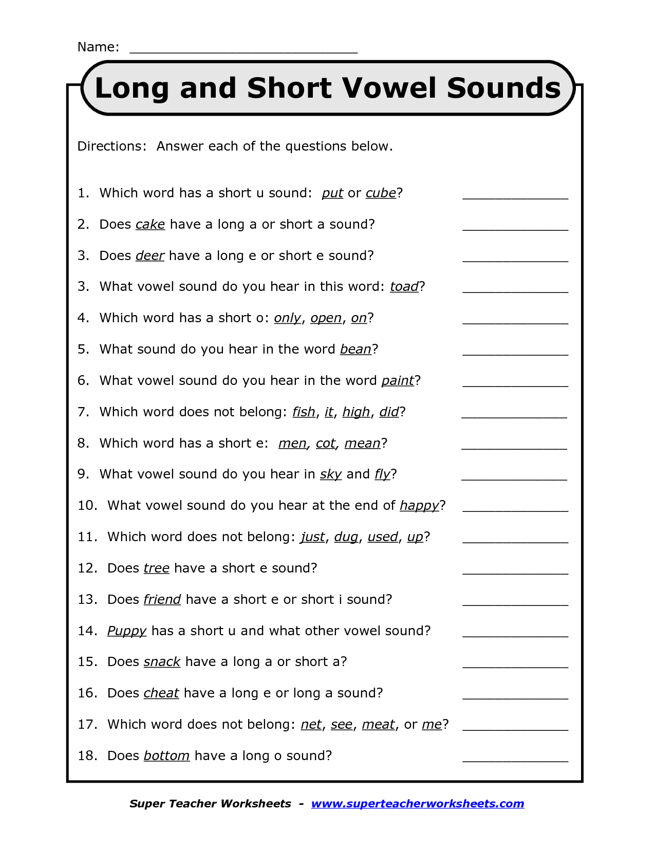 Long or Short Vowel Sound? Worksheet for kids