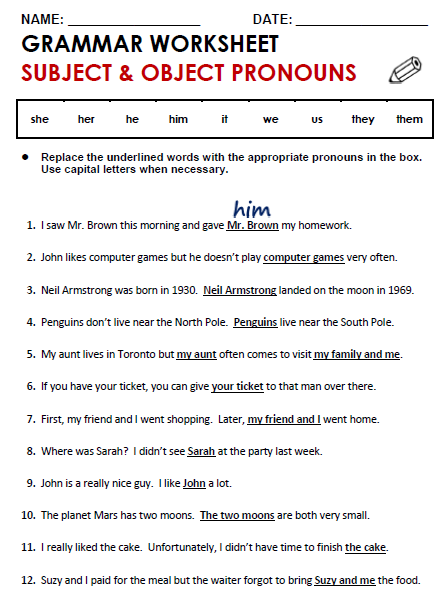 Subject and object pronouns: English ESL worksheets pdf &  doc