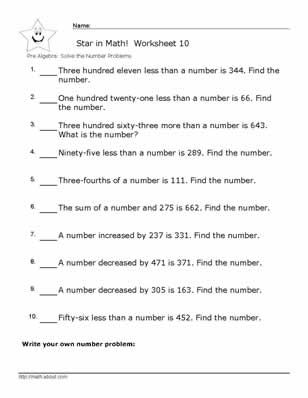 Free worksheets for linear equations (grades 6-9, pre-algebra 