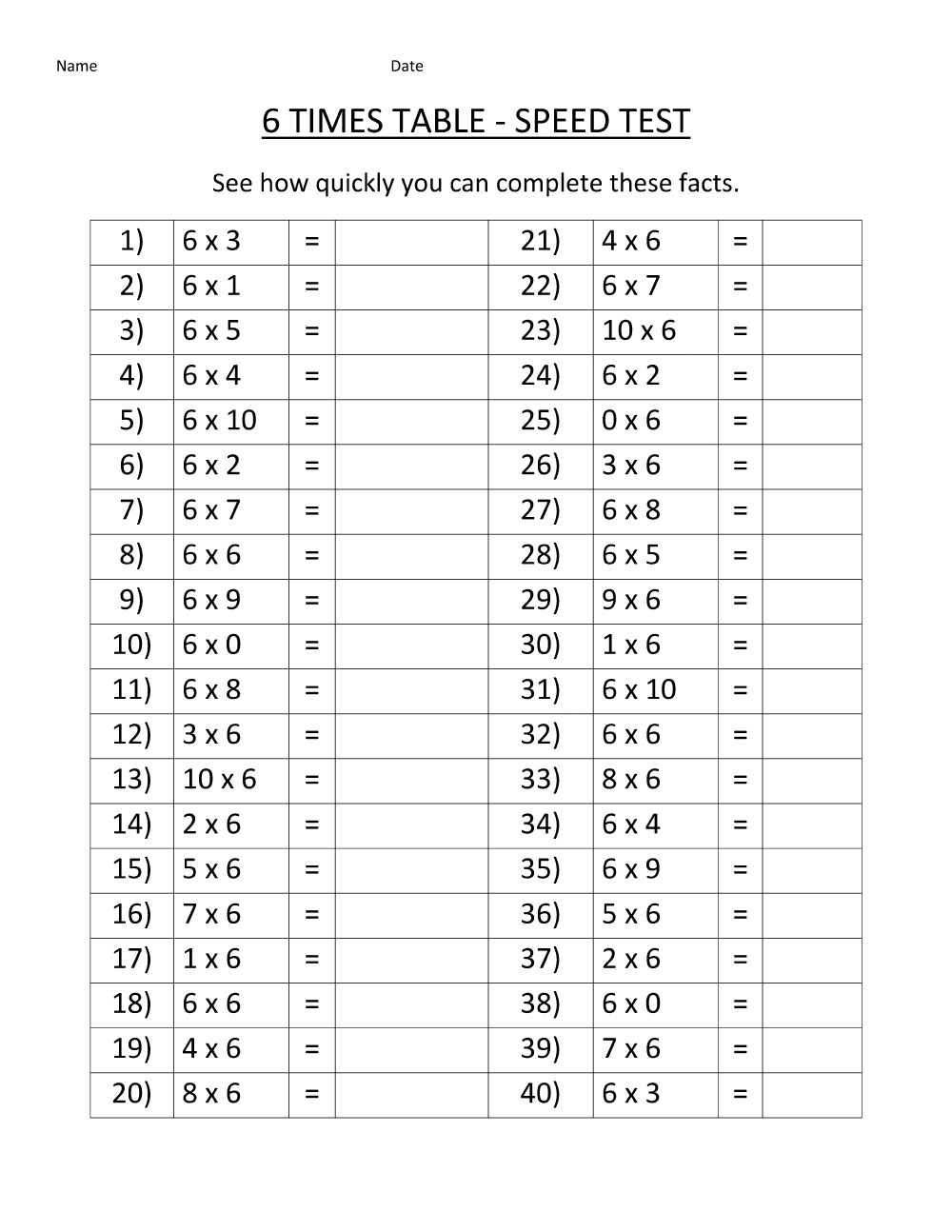 Multiplication Times Tables (6 to 9) Worksheets  