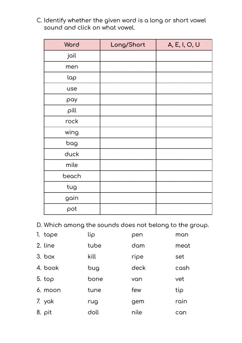 FREE Short Vowel Sounds Worksheets