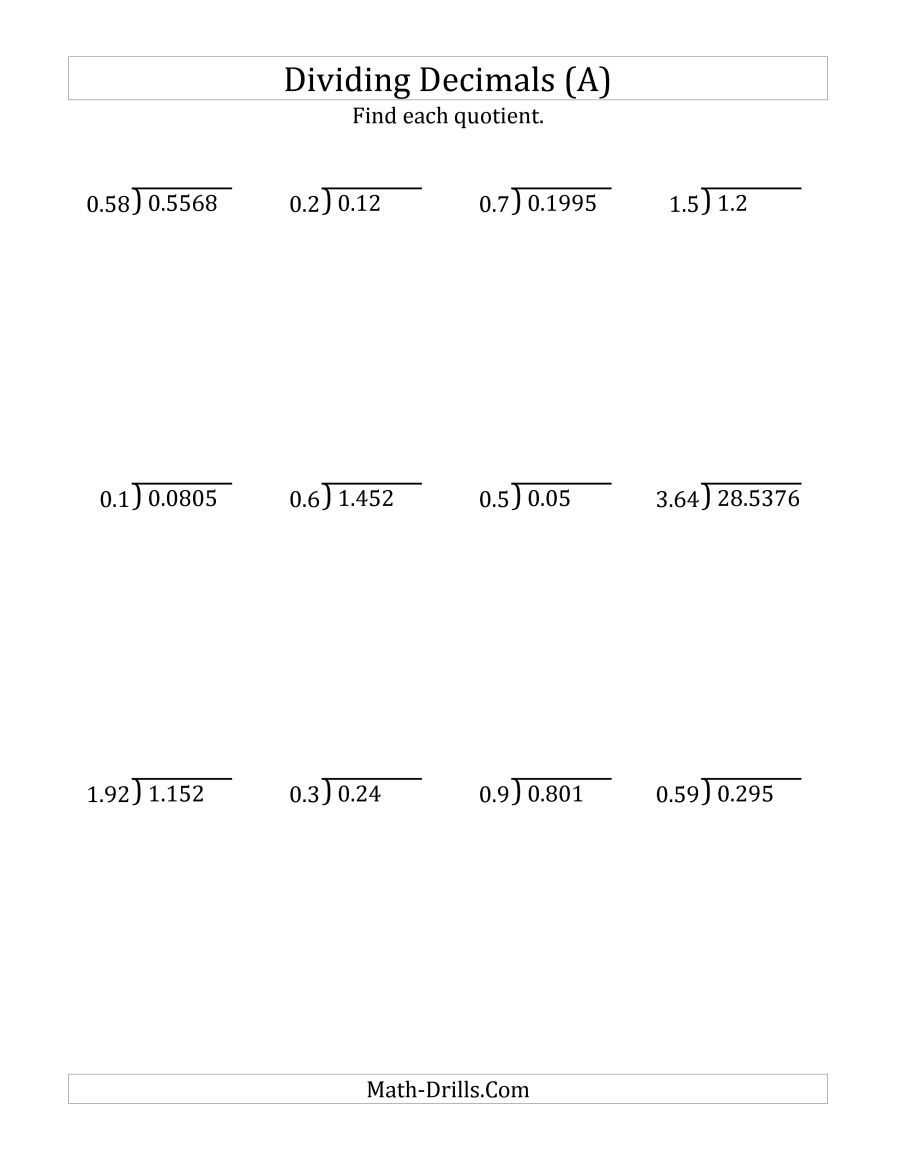 Division of Decimals by 2-digit number - Math Worksheets 
