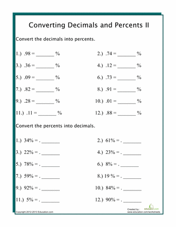 convert decimals to percents worksheets