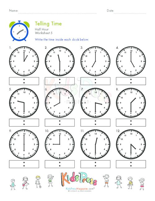 Telling time half past the hour worksheets for 1st and 2nd graders