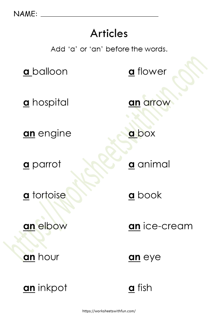 Course: English - Class 1, Topic: Articles - a, an - Worksheets