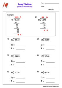 Division Worksheets 3rd Grade