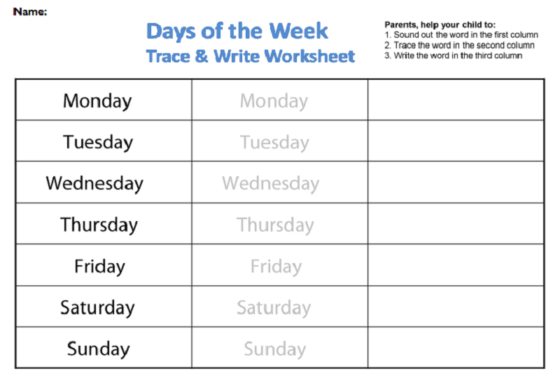 days of the week worksheets