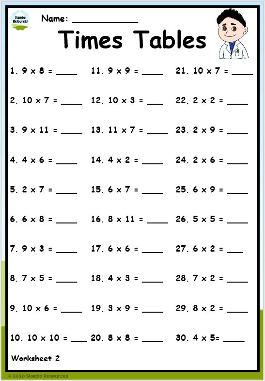 Grade 3 Worksheet: Multiplication tables 2 to 12 with missing 