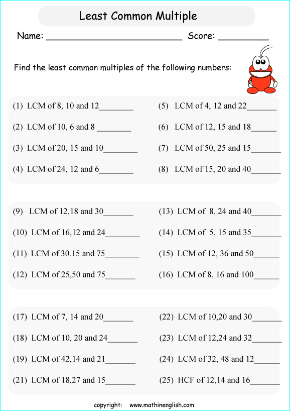 Find The LCM Least Common Multiple Worksheet Math Problems 