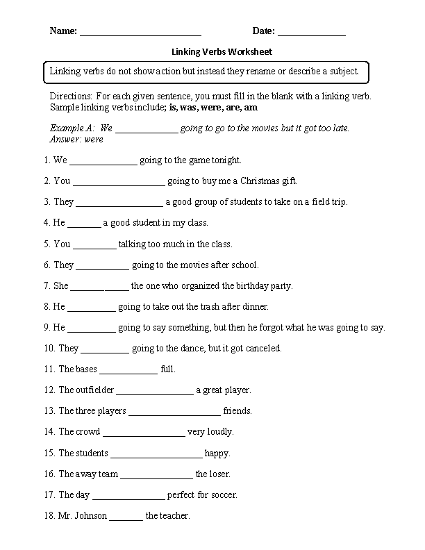 Advanced Linking Verb Worksheets