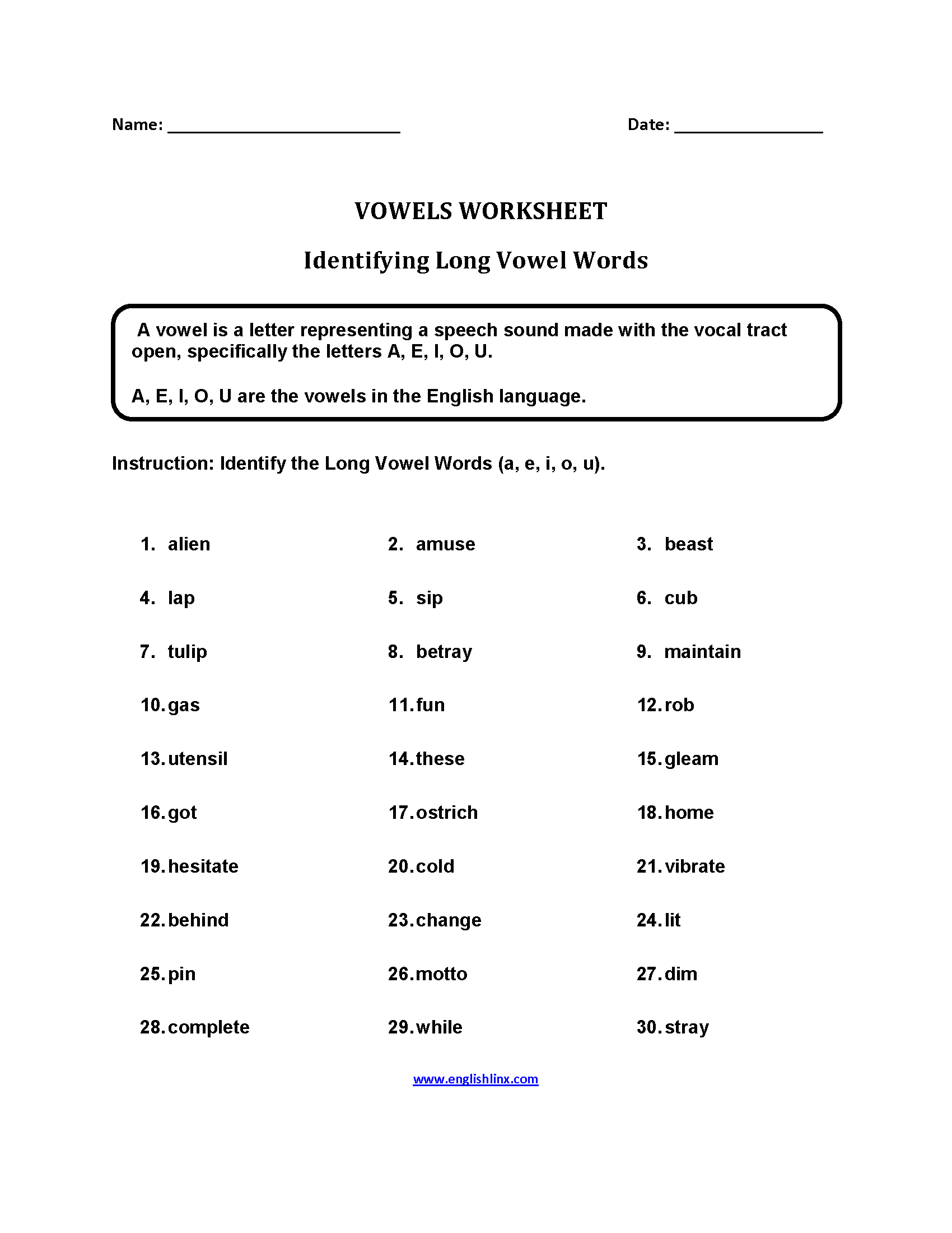 Free Printable Long Vowels Worksheet 1 - kiddoworksheets