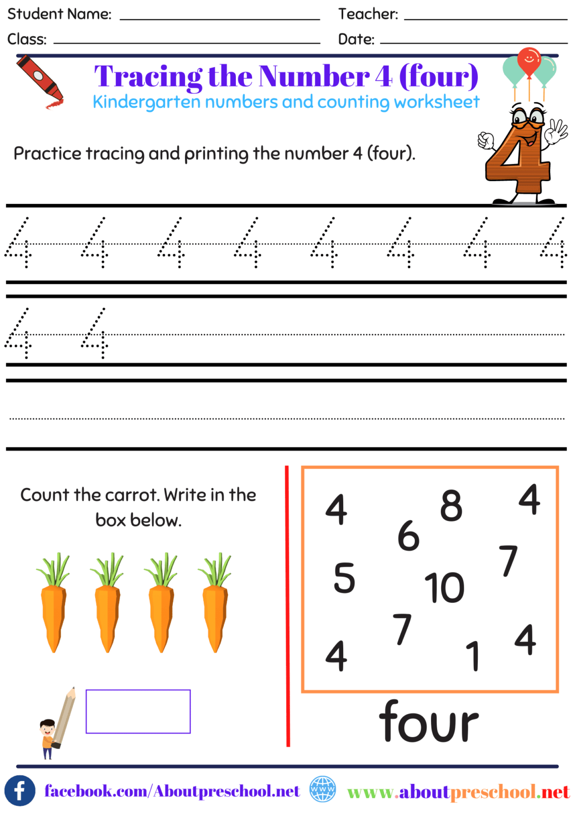 Mathematics - Preschool: Tracing Number 4 Worksheet 4