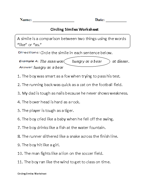 Simile Worksheets