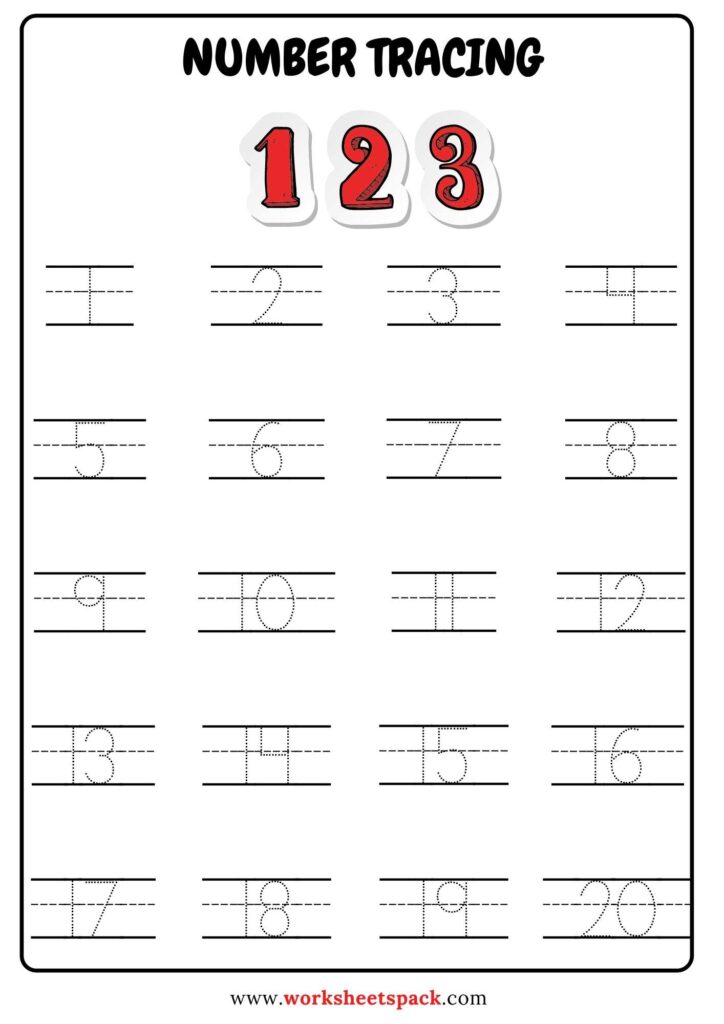 Numbers Tracing Worksheet for Kindergarten | 1-20 Numbers Tracing 