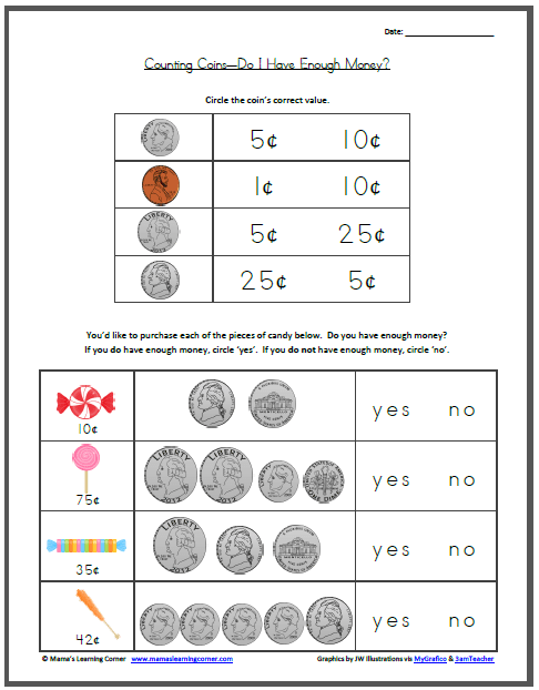 Free Printable Money Worksheets for Pre-k & Kindergarten