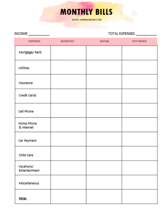 Monthly Budget Worksheet