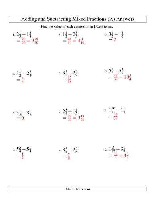 fraction addition and subtraction worksheets