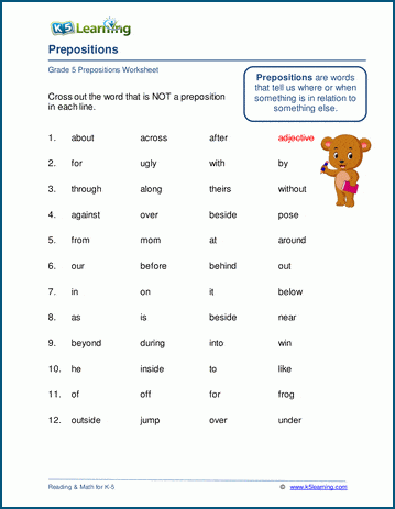 English - Class 1: Prepositions Worksheet 1 (Answers)