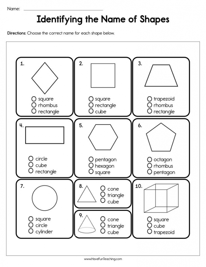 identifying shapes worksheets