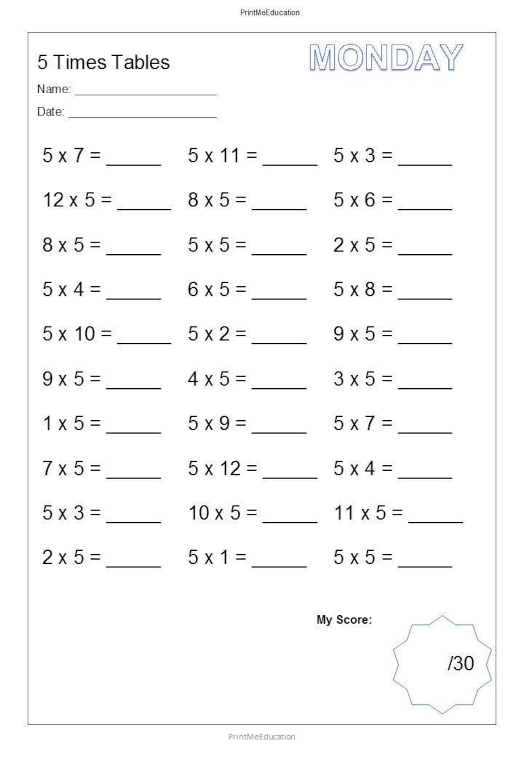Times Tables Worksheets 2 to 12 18 One Page Worksheets Maths Test 