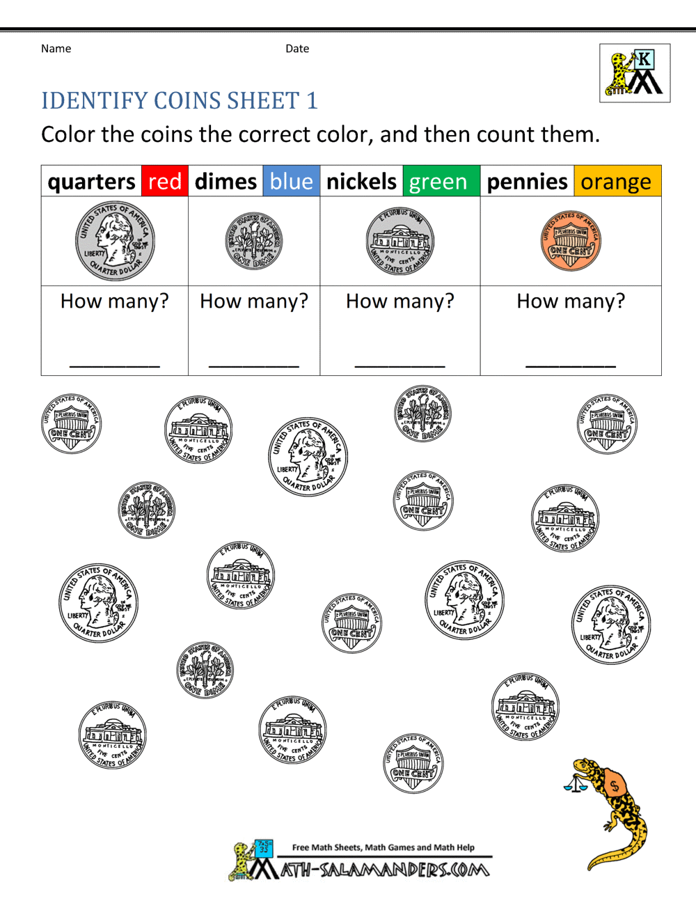 Counting and Identifying US Coins Worksheets for Kindergarten 
