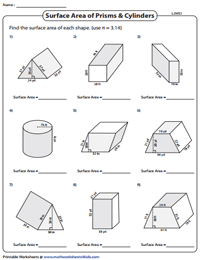 surface areas of prisms and cylinders worksheets