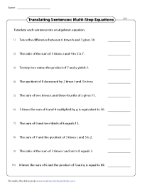 translate algebraic expressions worksheets