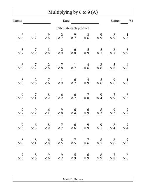 Multiplying With 8 and 9 (C) Worksheet for 3rd - 5th Grade 
