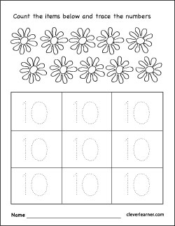 Count and Trace 10 - Number Tracing worksheet for Preschool 