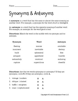 Antonym Worksheet  