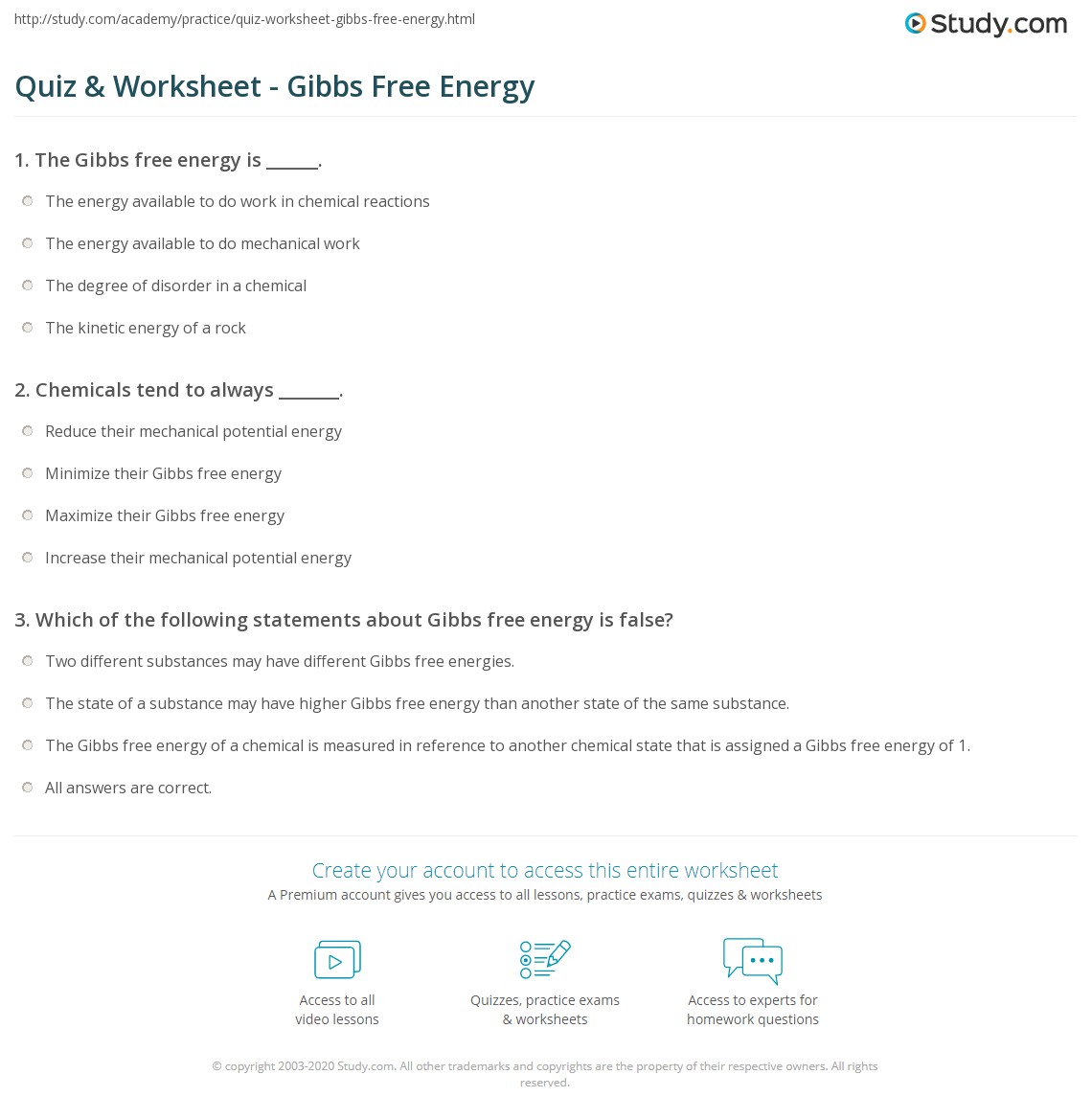 gibbs free energy worksheets