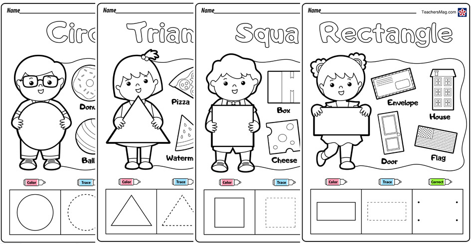 3D Shapes Practice Sheets for Preschool, Pre-K, Kindergarten - Color Trace Games