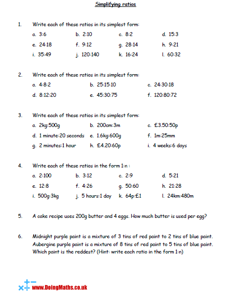ratio worksheets pdf with answers