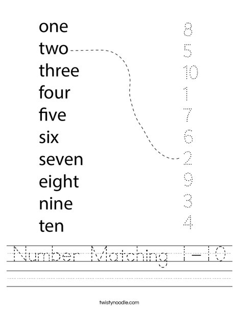 Number Matching 1-10 Worksheet - Twisty Noodle