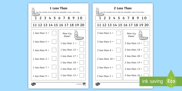 1 less than and 2 less than Worksheets - Worksheets, 1 More and 2 More