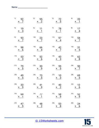 2 digit by 1 digit Multiplication Worksheets - 15 Worksheets Library