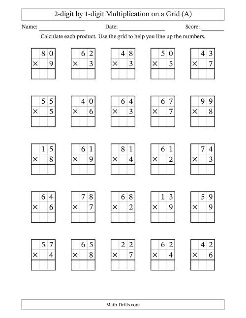 2-digit by 1-digit Multiplication with Grid Support (A) - Worksheets ...