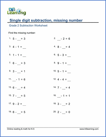Grade 1 Math Worksheet - Single digit subtraction: missing number ...