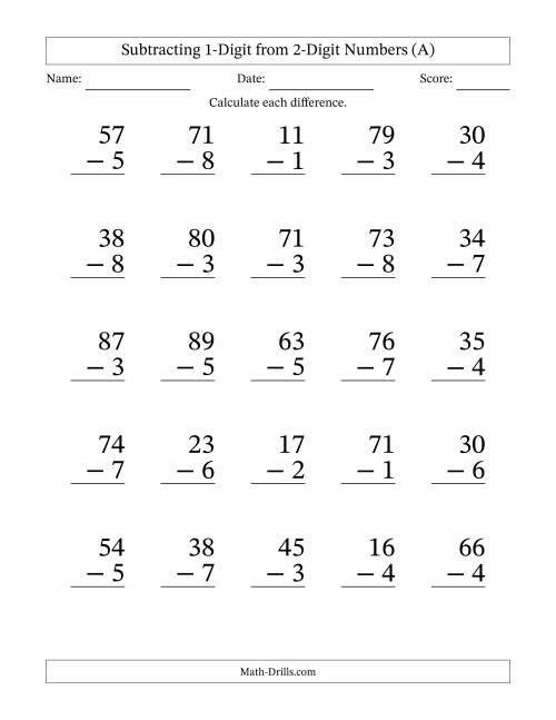1 digit subtraction worksheet 1st