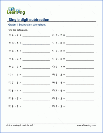 Grade 1 Math Worksheet - Single digit subtraction | Worsheets library