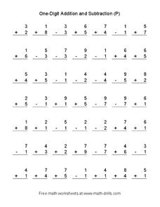One Digit Addition and Subtraction (P) Worksheet for 1st - 2nd ...