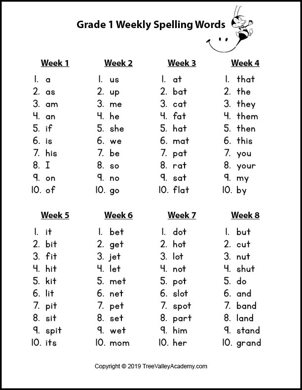 1st Grade Spelling Words - 32 Weekly Spelling Lists