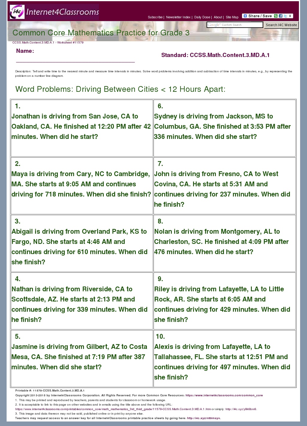 Description/Download - Worksheet #11579. CCSS.Math.Content.3.MD.A.1