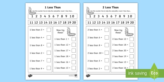 1 less than and 2 less than Worksheets - Worksheets, 1 More and 2 More