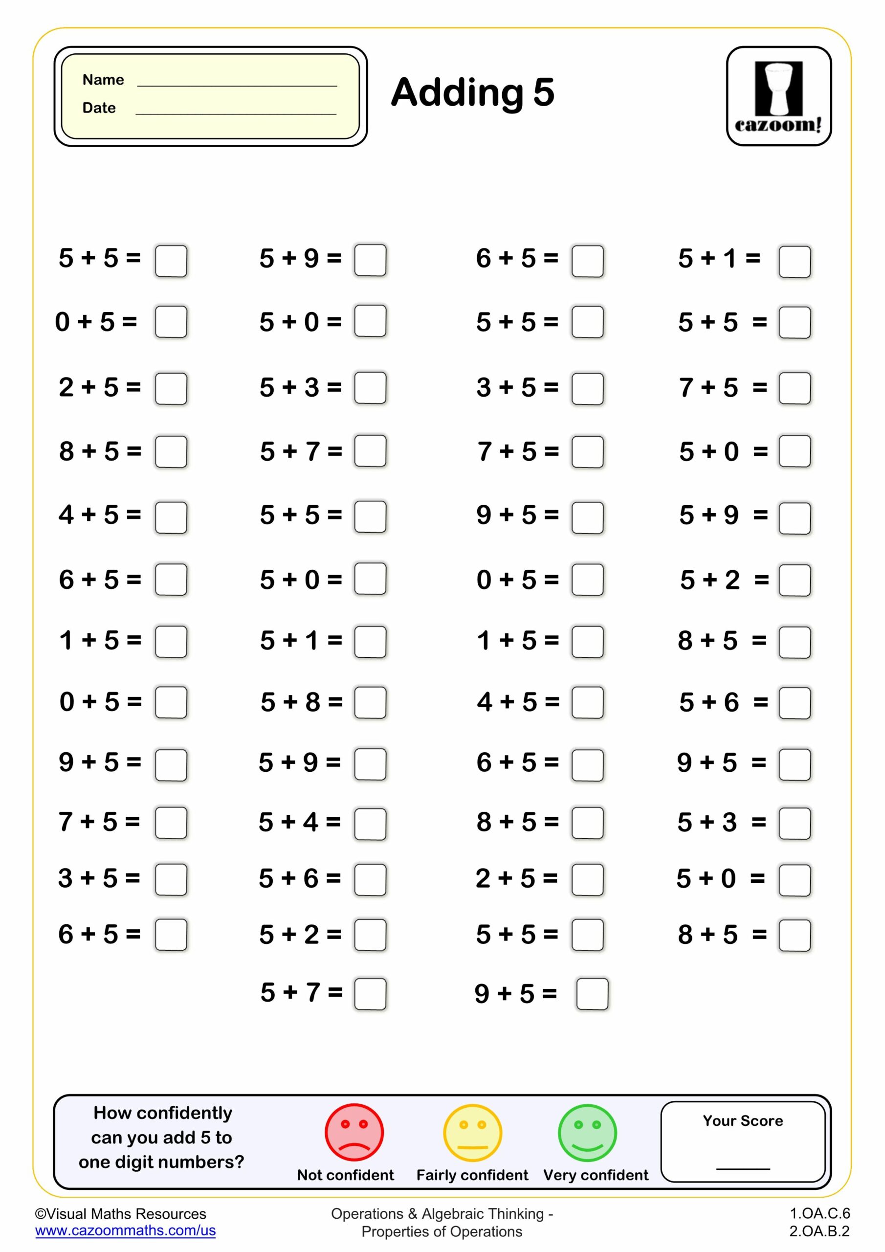 Adding 5 (50 questions) | Fun and Engaging 1st Grade PDF Worksheets